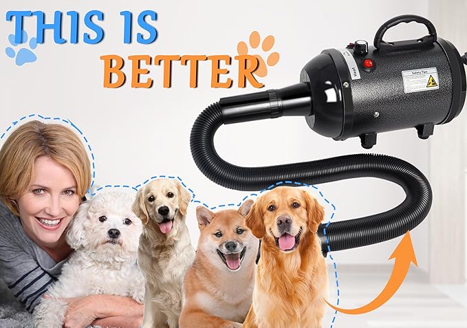 Large Dog Grooming Dryer - 5.2HP 3800W High Velocity Hair Dryer with Heater, Adjustable Temperature, and 4 Nozzles (Black)