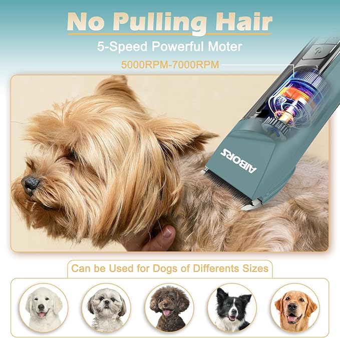 Dog Clippers Low Noise, 5-Speed Quiet Dog Grooming Kit High Power Rechargeable Cordless Electric Pet Hair Clippers Trimmer Shaver for Small and Large Dogs Cats