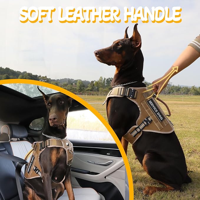Service Dog Vest - HEYCAHVA Tactical Dog Harness Full Metal Buckles Dog Vest for Large Medium Dog Reflective No Pull Dog Harnesses with Leather Handle, Hook & Loop for Hiking Training (Khaki, XL)