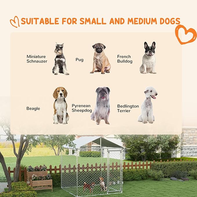 PawHut Large Dog Kennel Outside, Heavy Duty Dog Cage with Waterproof Cover, Outdoor Fence Dog Run with Galvanized Chain Link, Secure Lock, 6.6' x 6.6' x 7.8'