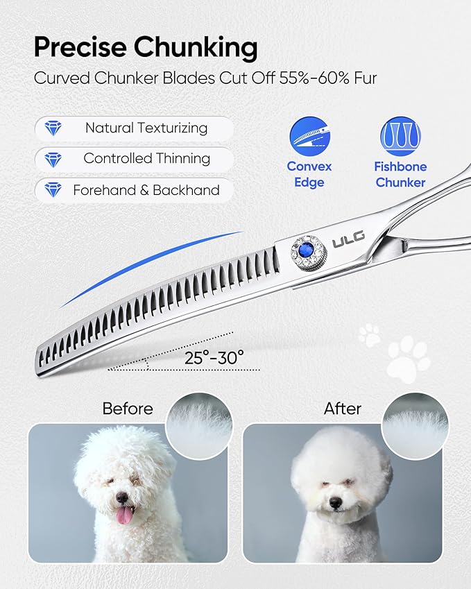 ULG 7.5” Curved Chunker Scissors for Dog Grooming 55%-60% Thinning Rate 30 Teeth Professional Downward Chunker Shears 440C Japanese Stainless Steel Tension Adjustable Left & Right Handed