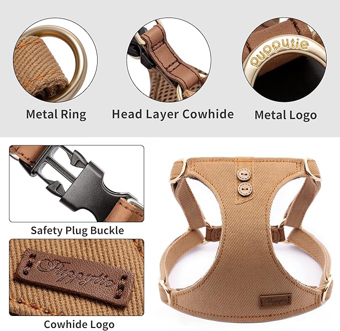 Puppytie Dog Harness with Multi-Functional Leash, No-Pull No-Choke Escape-Proof Dog Vest, Soft Breathable Step-in Pet Harness, Lightweight Comfortable for Medium Dogs, Denim Khaki Button-M (17-35lb)