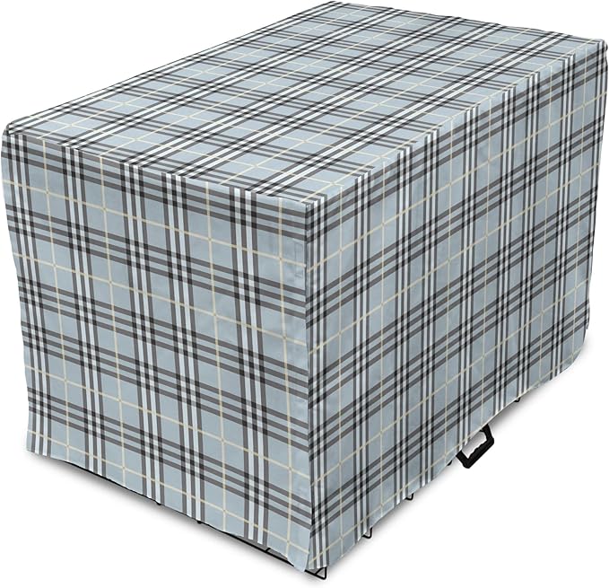 Lunarable Plaid Dog Crate Cover, Traditional Vintage Pattern with Modern Look Checkered Pastel Colored, Easy to Use Pet Kennel Cover for Cats & Medium Dogs, 24 Inch, Pale Blue Dimgray Cream