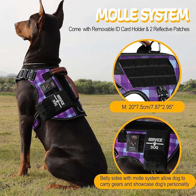 Tactical Dog Harness - HEYCAHVA Service Dog Vest Full Metal Buckles Dog Vest for Medium Large Dog Reflective No Pull Dog Harnesses Vest with Leather Handle, Hook & Loop for Hiking Training (Purple, M)