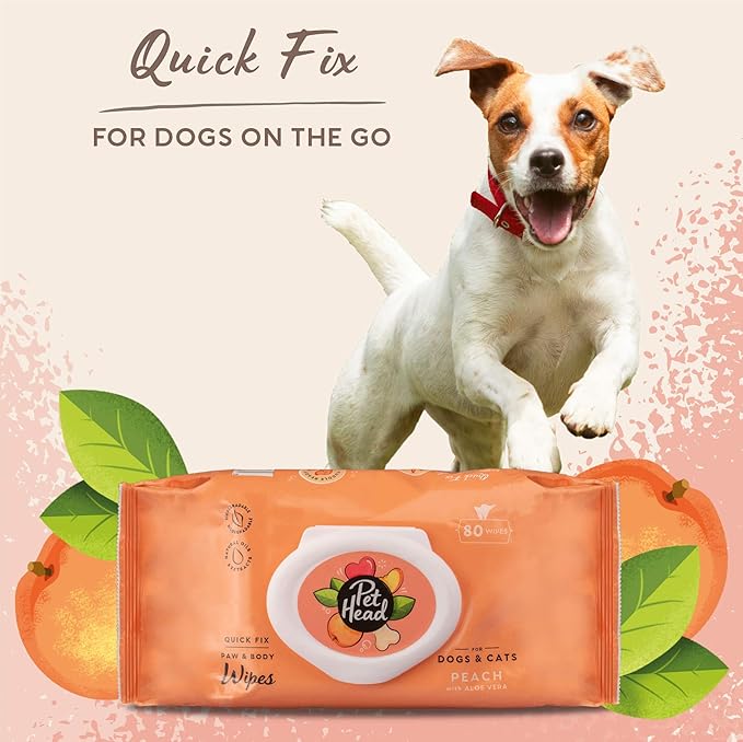 Pet Head Quick Fix Paw and Body Wipes for Cats and Dogs | Peach Scent with Aloe Vera | Biodegradable Pet Hygiene Cleaning Wipes | pH-Neutral | Vegan | for an Easy & Speedy Freshen-Up | 80 Pack