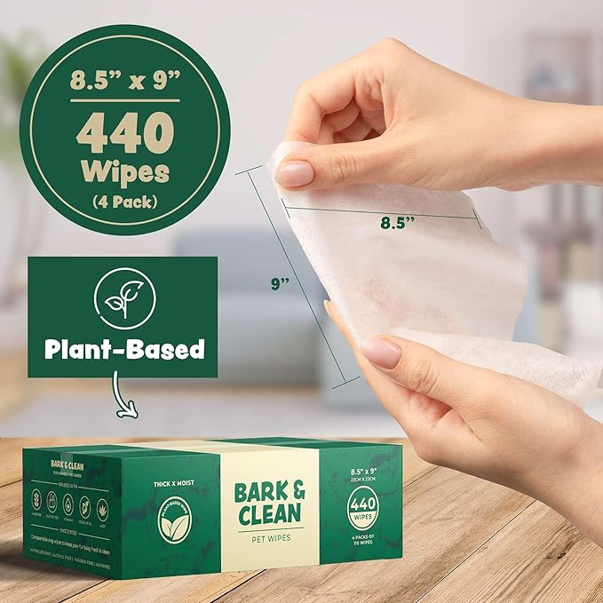 440 Dog Wipes for Cleaning and Deodorizing - 4 Pack of 110 8.5" x 9" Bamboo Pet Wipes - Compostable, Hypoallergenic Puppy Wipes - Dog Wipes for Paws, Butt, and Body