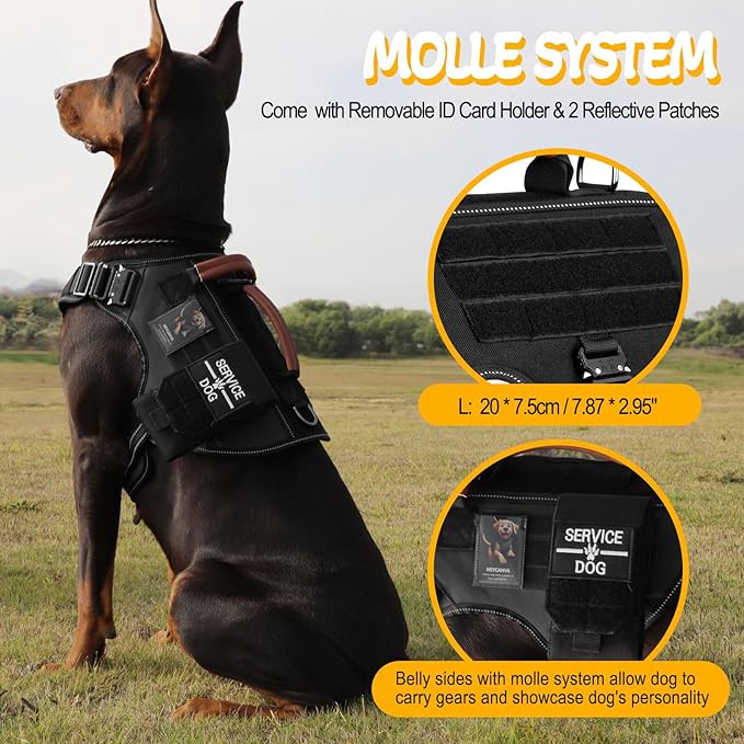Service Dog Vest - HEYCAHVA Tactical Dog Harness Full Metal Buckles Dog Vest for Large Medium Dog Reflective No Pull Dog Harnesses Vest with Leather Handle, Hook & Loop for Hiking Training (Black, L)