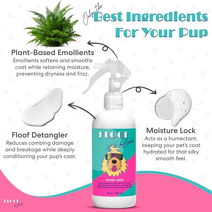 Floof Juice Dry Shampoo for Dogs - Hypoallergenic Conditioning Detangling - No Rinse Spray for Odor Control for Smelly Dogs, Waterless - Made in USA (10oz)