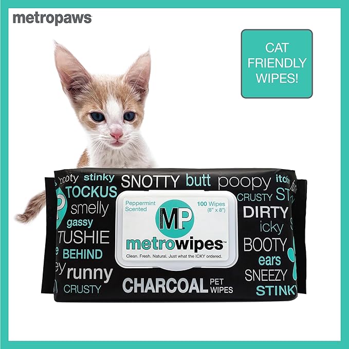 MetroPaws Peppermint Scented Charcoal Dog Wipes, 25 Extra Large & Thick Cleaning Wipes Ideal for Cats and Dogs, for Paws, Butt, Ears and Eyes