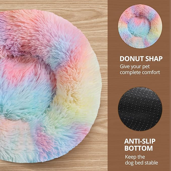 JOLLYVOGUE Donut Dog Bed for Medium Dogs, Anti-Anxiety Washable Round Bed, Calming Donut Dog Cat Bed for Puppy Bed, Fluffy Dog Beds for Large Dogs, Round Puppy Bed for Indoor Pet (31"/Rainbow