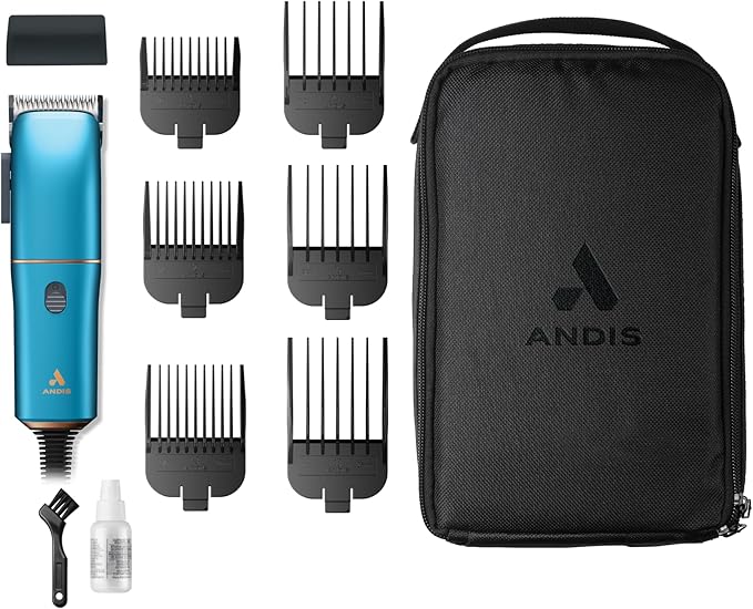 Andis Easy Clip Adjustable Blade Corded Dog Clipper, 11 Piece Kit, Lightweight, Powerful Motor, Blue, 560814