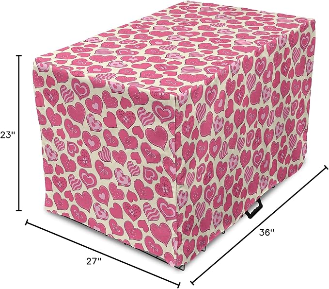 Lunarable Hearts Dog Crate Cover, Valentines Day Inspired Heart Designs with Various Styles Curved Lines Flowers Bows, Easy to Use Pet Kennel Cover for Medium Large Dogs, 36 Inch, Cream Pink