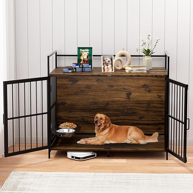 LOVMOR Dog Cage Furniture with Rotating Feeder Bowls, Dog Kennel Indoor with Cushion, Dog Crates for Large Dogs, 48" L X 30" W 43" H, Rustic Brown