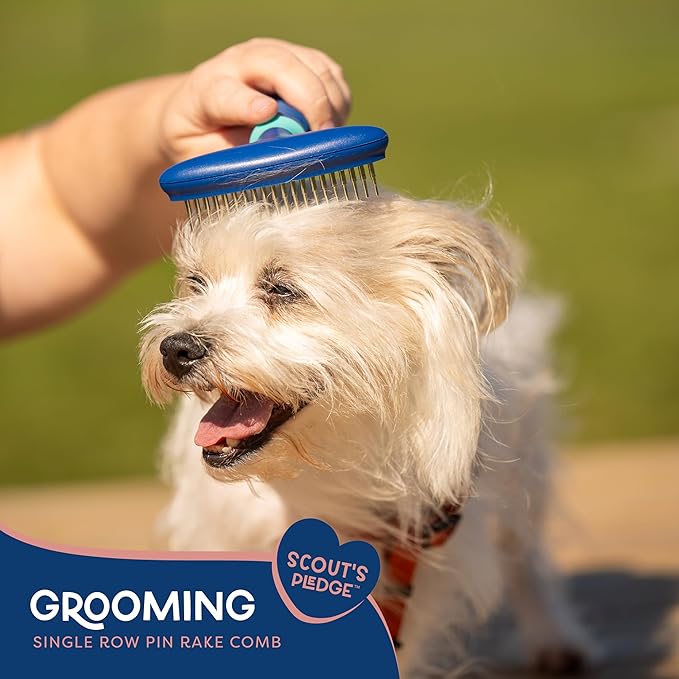 Good Scout Pet Hair Rake with Single Row Rotating Pins, Best Deshedding Tool for Dogs & Cats, Gentle, Safe & Effective Grooming Tool for Short or Long Haired Animals