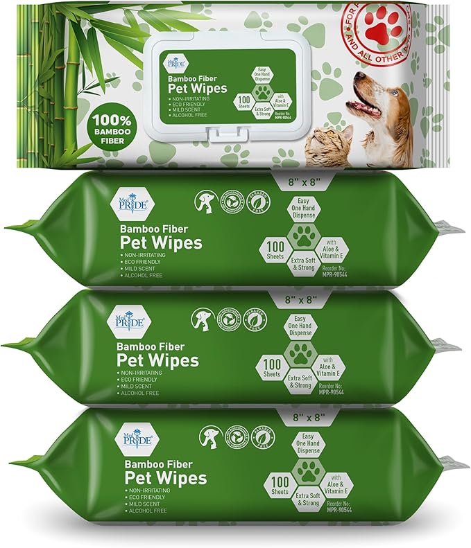 MED PRIDE 100% Bamboo Fiber Cleaning Wipes, Dog Wipes for Paws and Butt, Alcohol & Paraben-Free, Hypoallergenic, Extra-Large 8"X8", 400 Count (4 Packs)