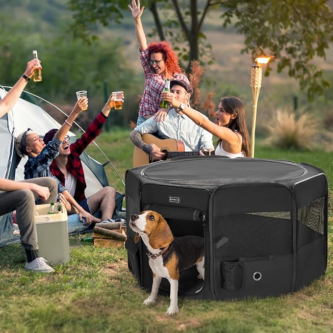 PETSFIT Portable Dog Playpen, 29" Dia Puppy Playpen with Zipper Removable Mesh Top Cover and Leakproof Playpen Bottom Mat-Cat Playpen Indoor/Outdoor for Cats,Dogs&Small Animals