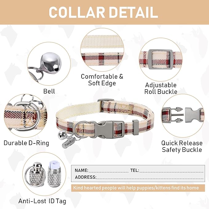 GAMUDA Small Dog Harness Collar and Leash Set, Step in No Chock No Pull Soft Mesh Adjustable Dog Vest Harnesses Plaid Reflective for Dogs Puppy Cats Kitten Rabbit (Warm Beige, XS)