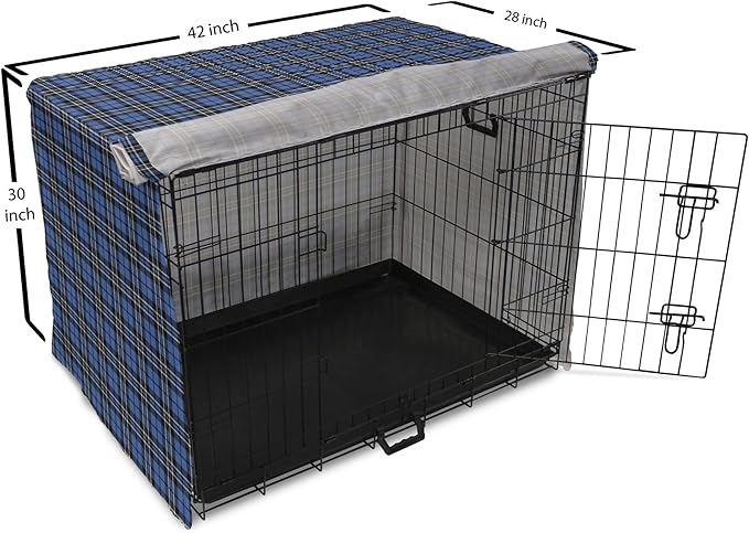 Lunarable Plaid Dog Crate Cover, Classical Old Fashioned Abstract Pattern Design Scottish Country Style, Easy to Use Pet Kennel Cover for Medium Large Dogs, 42 Inch, Violet Blue Black White