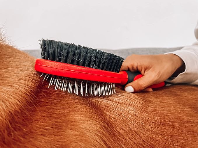 Tuff Pupper Double Sided Dog Brush, Detangling Tool for Dogs and Cats, Pin & Bristle Pet Brush, for and Hair Types, With Comfort-Grip Anti-Slip Handle, Brown, Black, White