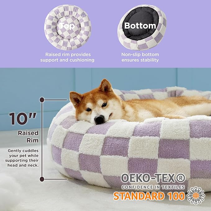 Lesure Donut Large Dog Bed - Round Cat Beds for Indoor Cats Anti-Anxiety Calming Pet Beds, Washable Cute Modern Beds with Teddy Sherpa Plush & Anti Slip Bottom Purple