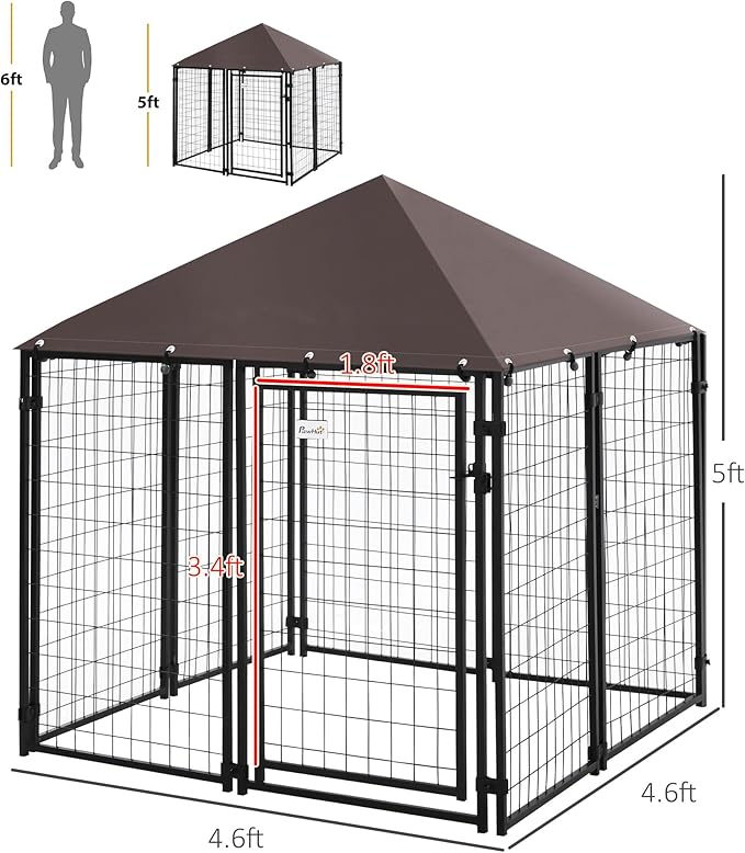 PawHut 4.6' x 4.6' x 5' Outdoor Dog Kennel, Walk-in Pet Playpen, Welded Wire Steel with Water and UV-Resistant Canopy, Black