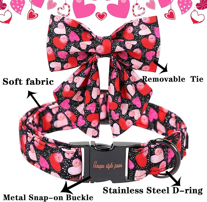 Unique Style Paws Valentine's Day Dog Collar with Bow Colorful Heart Love Dog Collars for Small Medium Large Dog New (XL, Black Bowtie)