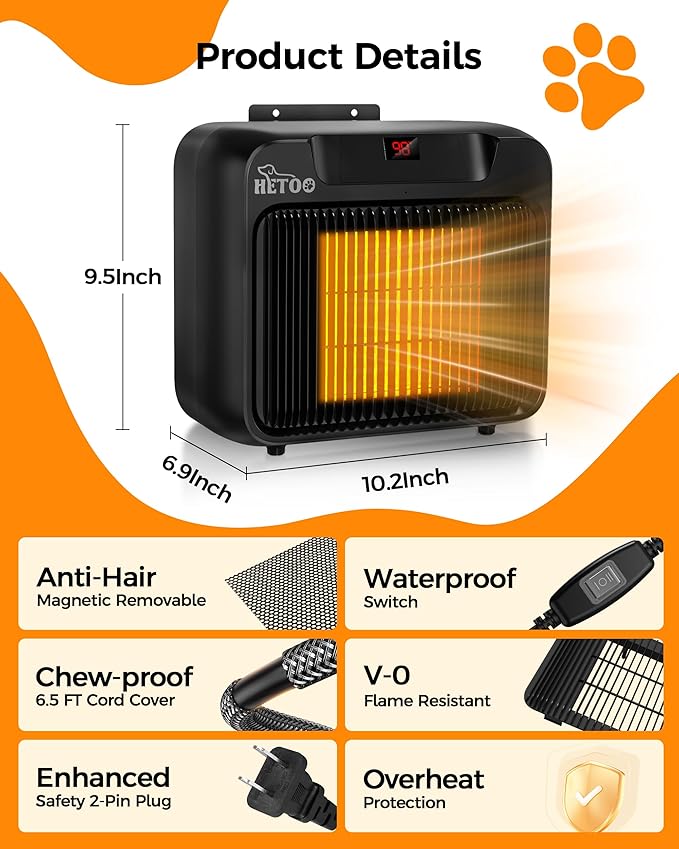 HETOO Dog House Heater with Thermostat, Wall-Mounted 600W/300W Dog Heater, 6.5Ft Anti Chew Cord, Overheat Protection, Safe Fast Heating for Dog Kennel, Cat Houses, Chicken Coops, Black