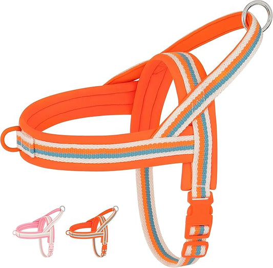 Beirui No Pull Dog Harness for Small Medium Dogs Puppies, Soft Neoprene Quick Fit Harness with Durable Front Clip & Back Clip, Lightweight Easy for Daily Walking (Striped Orange,S)