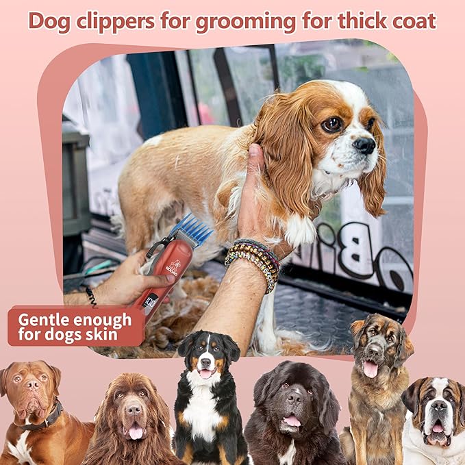 Dog Clippers for Grooming, Cordless,Low Noise, Electric Quiet,Rechargeable, Pet Hair Clippers for Thick Coats, Dog Trimmer Grooming Kit, Shaver for Small and Large Dogs Cats,Red