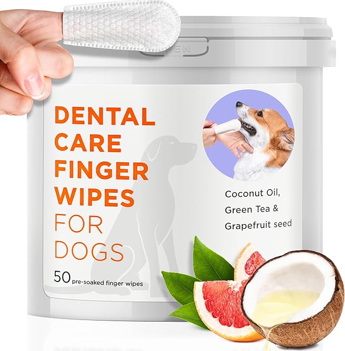 Dental Finger Wipes for Dogs - 50 Wipes - Vet Formulated Dog Dental Teeth Cleaning Wipes for Dogs - Pre-Soaked Oral Cleaning Pads - Reduces Plaque, Tartar & Dog Breath Freshener