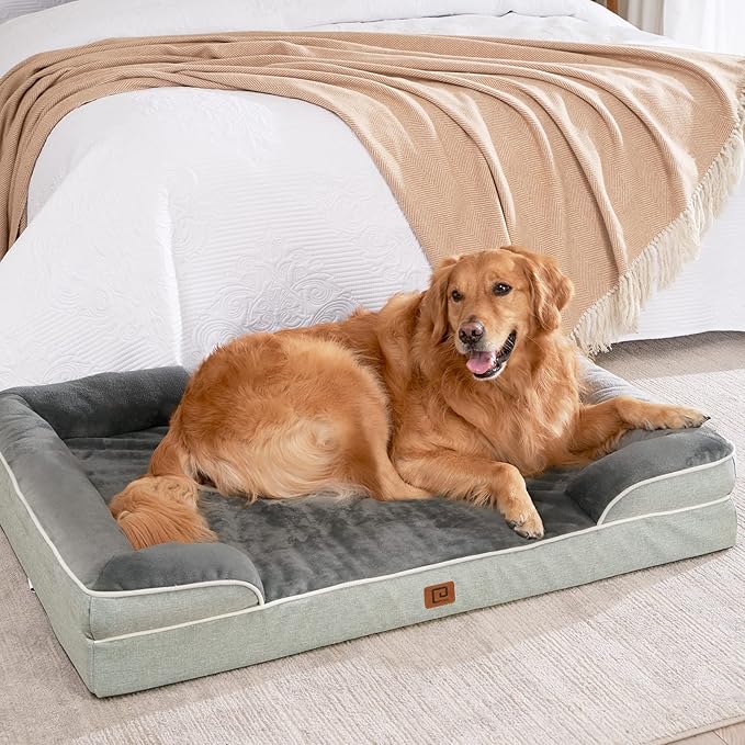 EHEYCIGA Orthopedic Dog Beds for Extra Large Dogs, Waterproof Memory Foam XL Dog Bed with Sides, Non-Slip Bottom and Egg-Crate Foam Big Dog Couch Bed with Washable Removable Cover, Greyish Green