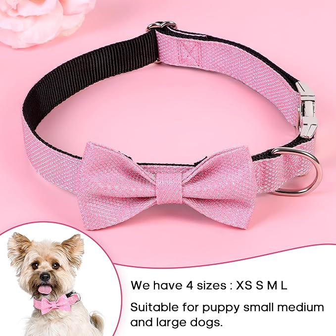 Dog Collar with Bow for Small Medium Large Dogs, Cute Bling Dog Bow Tie Collar with Metal Buckle, Soft & Durable for Puppy Dogs Walking (Light Pink, XS)