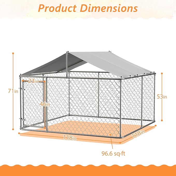 Outdoor Dog Enclosure,Heavy Duty Dog Kennel House Mesh Outside,Galvanized Chain Link Dog Run with Roof,Dog Cage Large Dogs,Dog Pen,Pet Kennel W/Waterproof Anti-UV Cover&Secure Lock for Large Dog