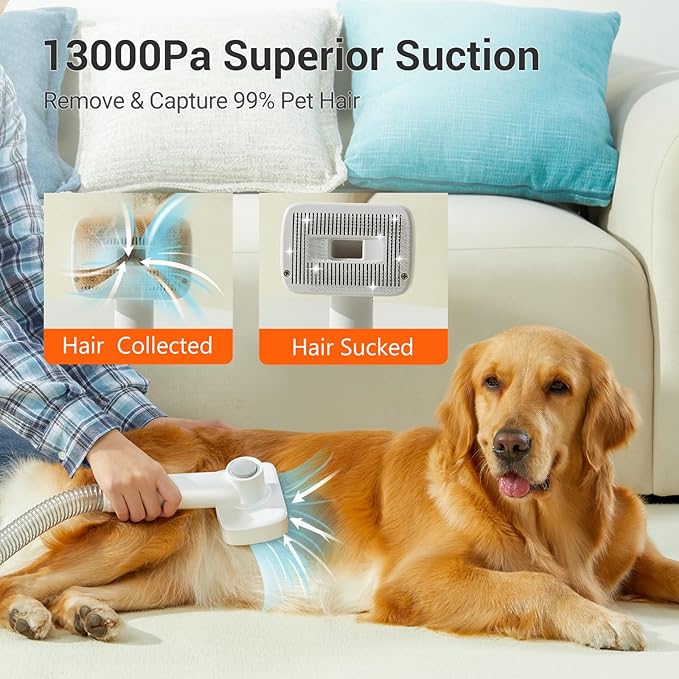 uwant Pet Hair Vacuum & Grooming Kit - 13000 Pa Strong Suction, Large Capacity, Whisper-Quiet Operation with 6 Grooming Tools, Ideal for Shedding