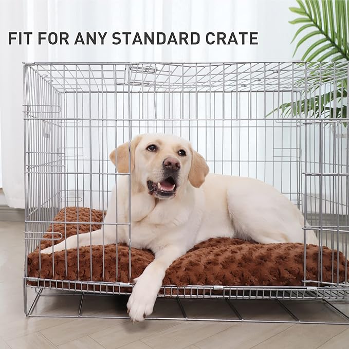 KSIIA Washable Dog Bed Deluxe Plush Dog Crate Beds Comfy Kennel Pad Anti-Slip Pet Sleeping Mat for Large, Jumbo, Medium, Small Dogs Breeds, 35" x 23", Brown
