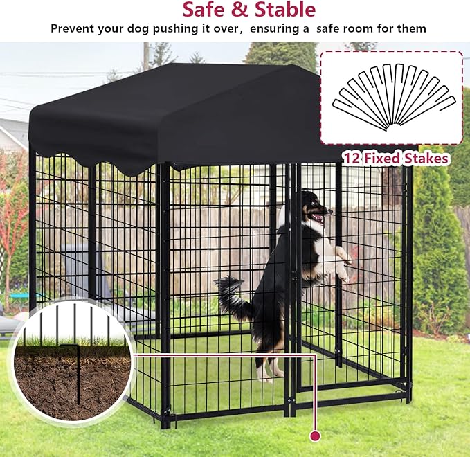 Heavy Duty Outdoor Dog House - Large Kennel with Roof, 4'L x 4'W x 4.5'H - Black Dog Crate with Cover, 2 Set