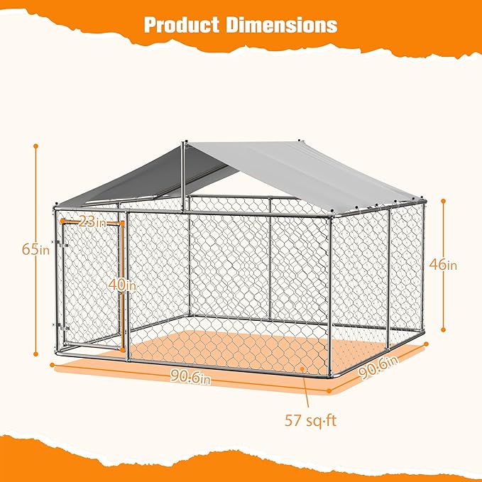 Large Outdoor Dog Kennel, Heavy Duty Galvanized Steel Dog Enclosure, Chicken Coop with Waterproof UV-Resistant Cover, Lockable Door Chain Link for Small & Large Pets, Backyard (90" L x 90" W x 65" H)