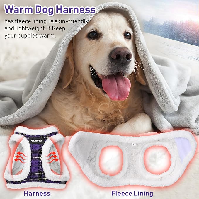 GAMUDA Small Dog Harness Collar and Leash Set, Step in No Chock No Pull Soft Mesh Adjustable Dog Vest Harnesses Plaid Reflective for Dogs Puppy Cats Kitten Rabbit (Warm Purple, L)