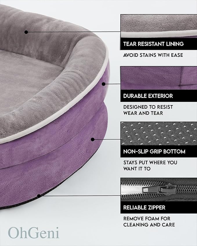 OhGeni Orthopedic Dog Bed for Large Dogs, Dog Couch Design with Egg Foam Support, Removable, Washable Plush Cover and Non-Slip Bottom with Four Sided Bolster Cushion (Purple)