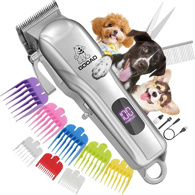 Dog Clippers for Grooming for Heavy Thick Hair&Coats, Dog Hair Trimmer,Low Noise Rechargeable Cordless Dog Grooming Kit Pet Shaver for Small Large Dogs Pets (Sliver)