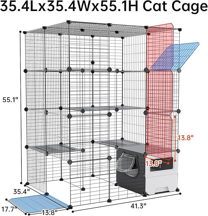 Oneluck Cat Cage with Litter Box, Large 4-Tier DIY Enclosures Detachable Metal Wire Kennel Indoor Crate Exercise Place Ideal for 1-3 Cats