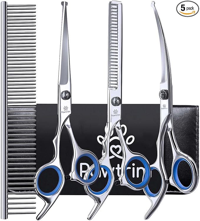 Professional Pet Grooming Kit – 5 in 1 Dog Grooming Scissors Kit - Dog & Cat Grooming Supplies - Adjustable Screw Scissors, 4CR Stainless Steel Dog Clippers, Hair Thinning Shears, Rubber Grips