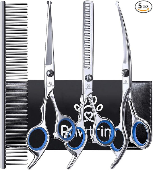 Professional Pet Grooming Kit – 5 in 1 Dog Grooming Scissors Kit - Dog & Cat Grooming Supplies - Adjustable Screw Scissors, 4CR Stainless Steel Dog Clippers, Hair Thinning Shears, Rubber Grips