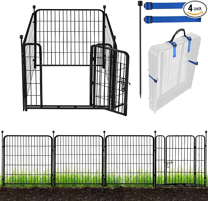 ADAVIN Tall Garden Fence with Gate, 36 in(H) 4 Panels Heavy Duty Iron Metal Animal Barrier Fence, Fence Blocker for Dogs, Portable Temporary Fencing. Total 9 Ft(L). Black