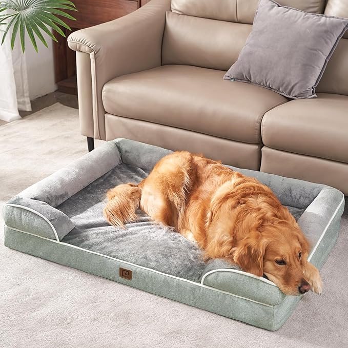 EHEYCIGA Orthopedic XL Dog Beds, Waterproof Memory Foam Dog Bed for Extra Large Dogs, Non-Slip Bottom and Egg-Crate Foam Big Dog Couch Bed with Washable Removable Cover, Greyish Green