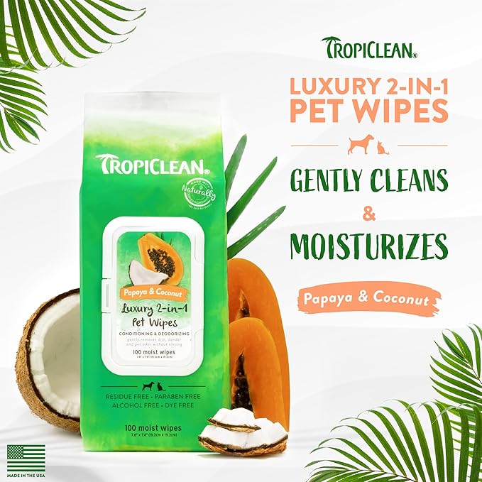TropiClean Dog Wipes for Paws, Butt, Face, and Body, Anytime Cleaning and Deodorizing Pet Wipes, Safe for Licking, Papaya Scent, Cat Safe, 100ct
