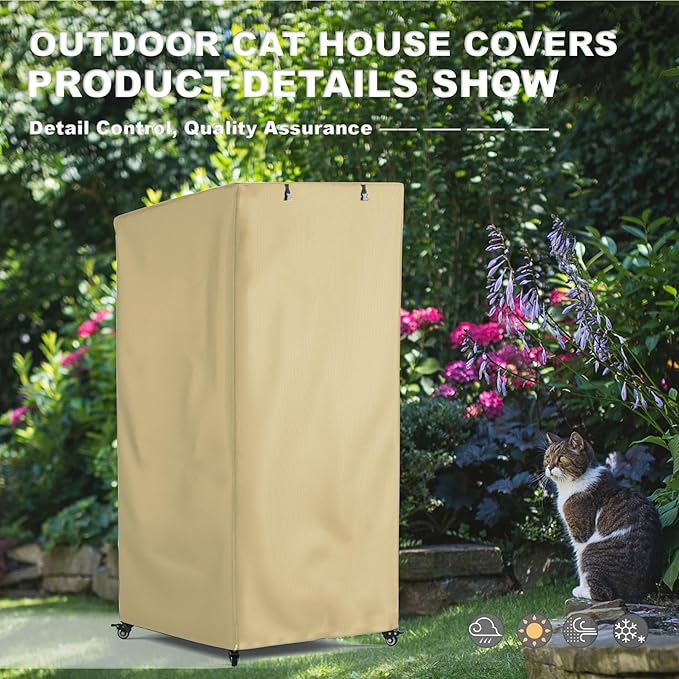 Outdoor Cat House Cover, Extremely Waterproof Feral Cattery Cat Cover, Cat Enclosure Cover, Large Cat Cage Condo/Cat House Cover - 32" L x 32" W x 71" H,Khaki (Cover only)