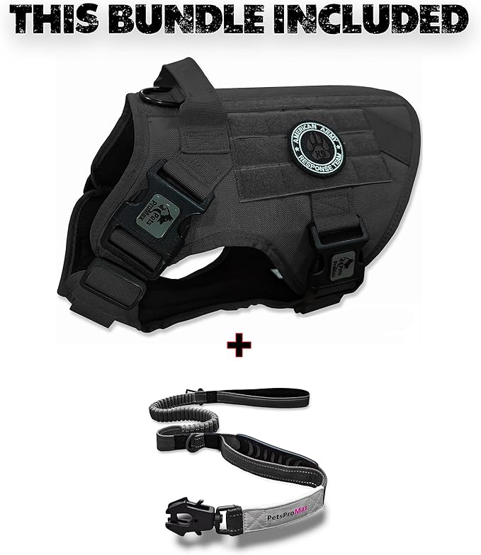 Tactical Dog Harness with Tactical Dog Leash as 1 Set for Medium Dogs; Military Style Tactical Dog Vest and Bungee Dog Leash with Car Seat Buckle | No-Pull Dog Vest and Leash Black M