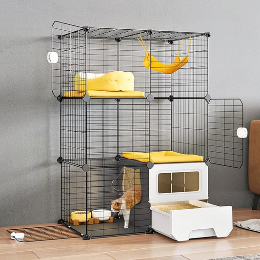Oneluck Cat Cage Indoor with Litter Box 3-Tier DIY Cat Detachable Metal Wire Kennel Crate Large Exercise Place Ideal for 1-2 Kittens