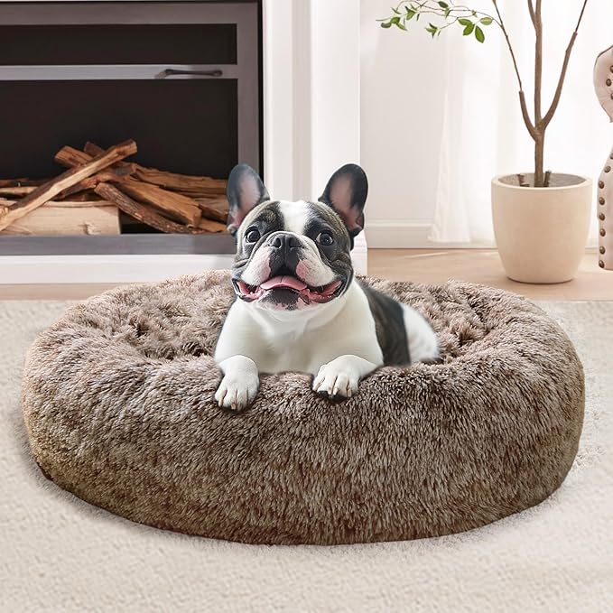 JOLLYVOGUE Dog Bed Cat Bed, Anti-Anxiety Small Dog Bed, Calming Donut Dog Bed for Puppy, Cozy Cat Bed, Fluffy Dog Beds for Small Dogs, Washable Round Puppy Bed for Indoor Pets (20"/Smoke Brown